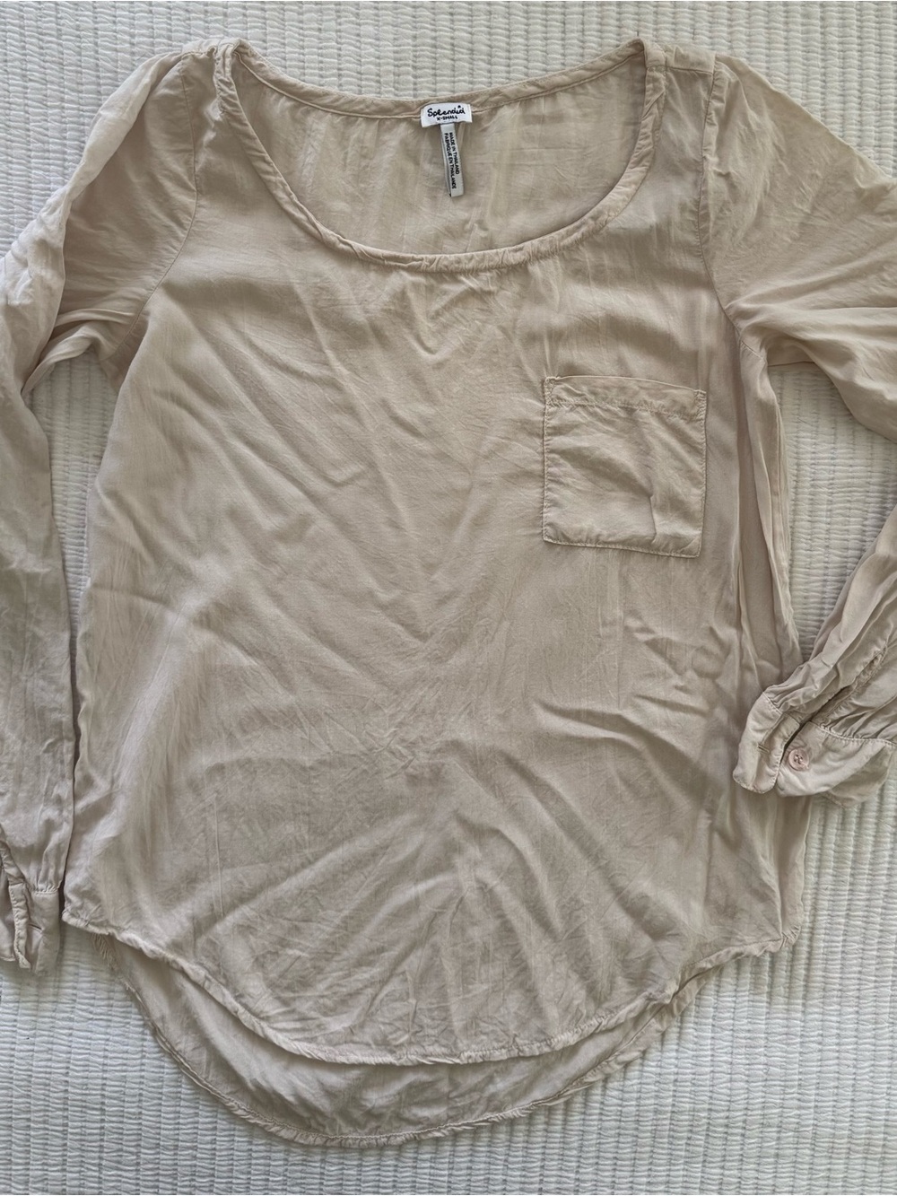 Splendid Long Sleeve Scoop Neck Pocket Top in Light Beige